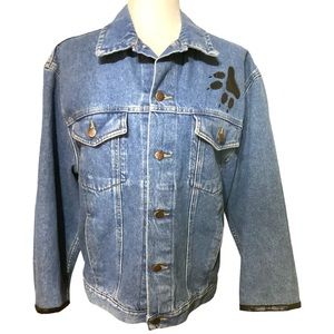 Vintage Blue Jean Jacket with Custom Black Wolf Decals - Women's‎ Size Large